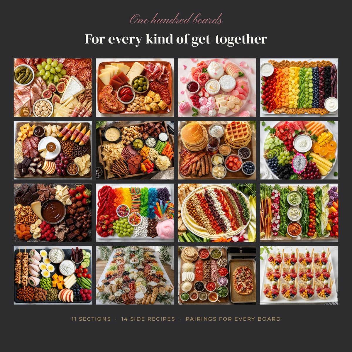 Grid of 16 charcuterie and grazing board ideas from the One Hundred Boards ebook