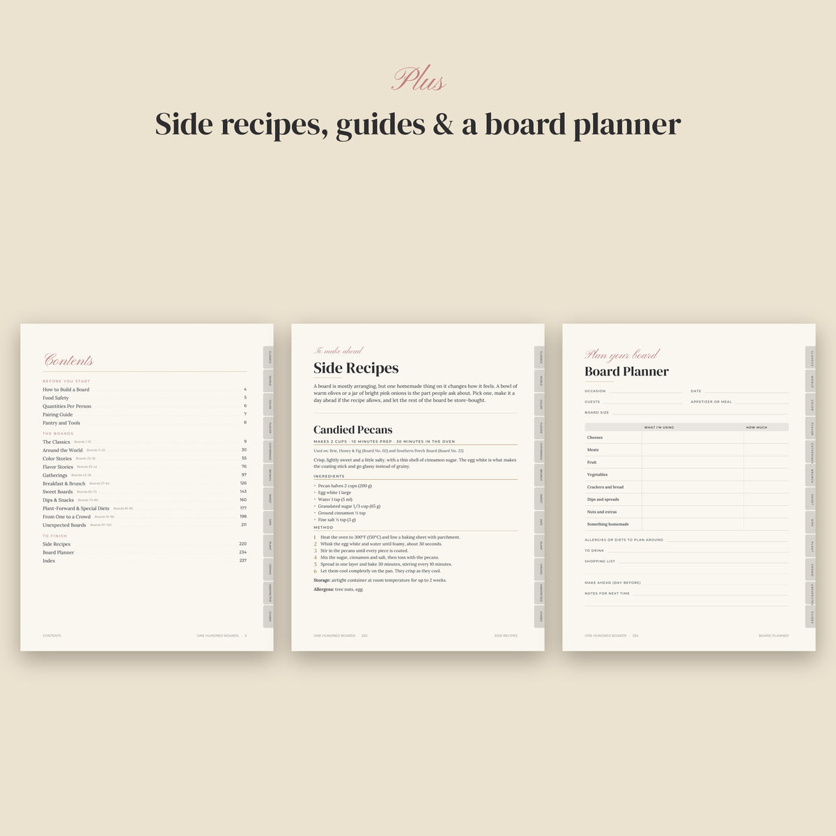 Contents page, side recipes and fill-in board planner from the One Hundred Boards ebook
