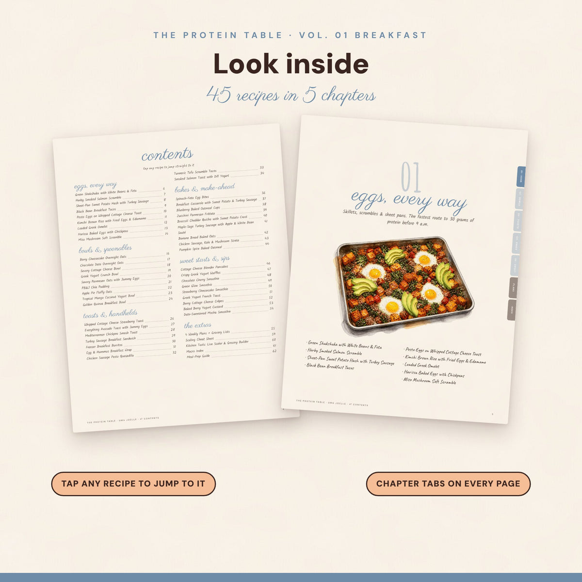 Look inside The Protein Table Vol. 01 Breakfast: contents and chapter pages