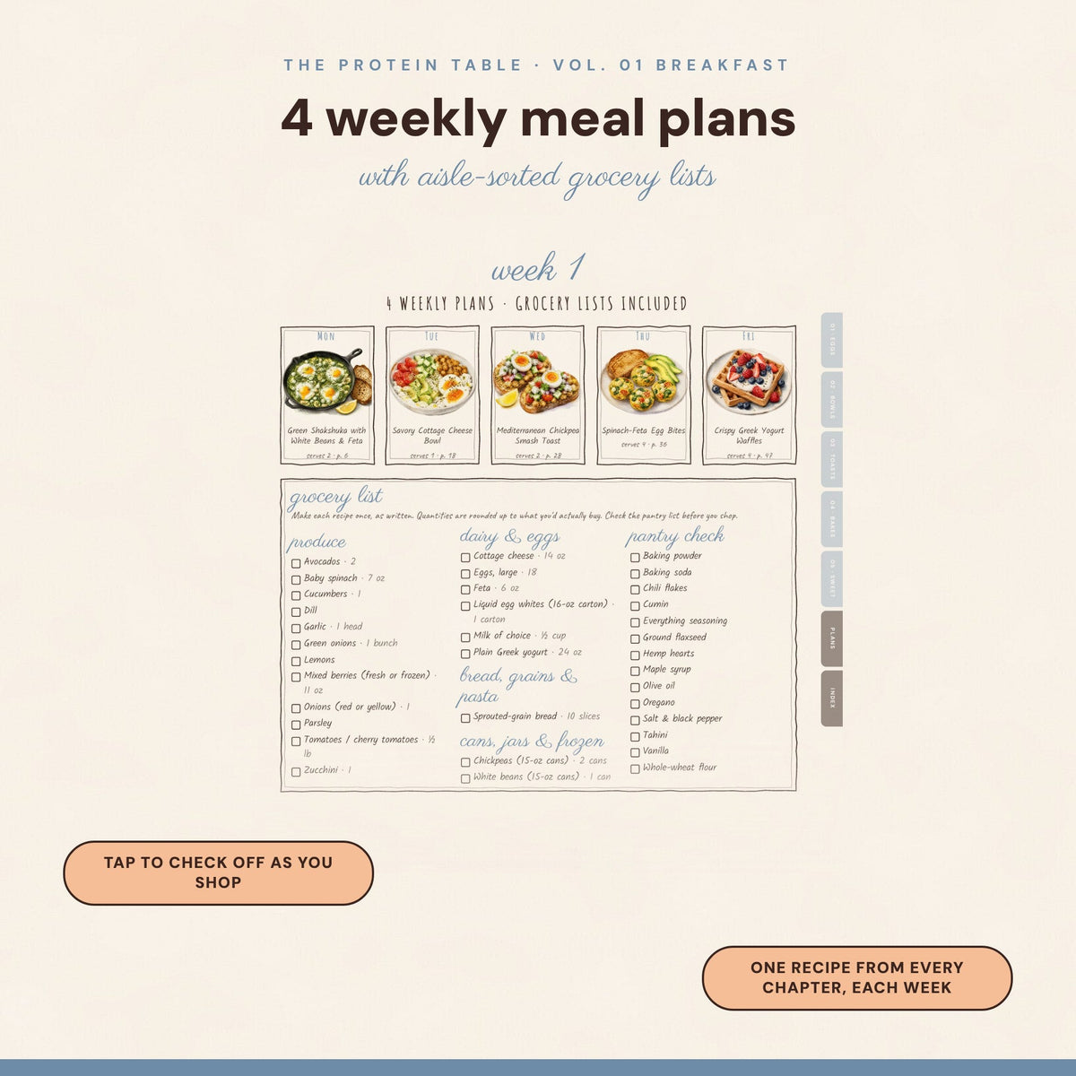Weekly meal plan with tappable grocery list