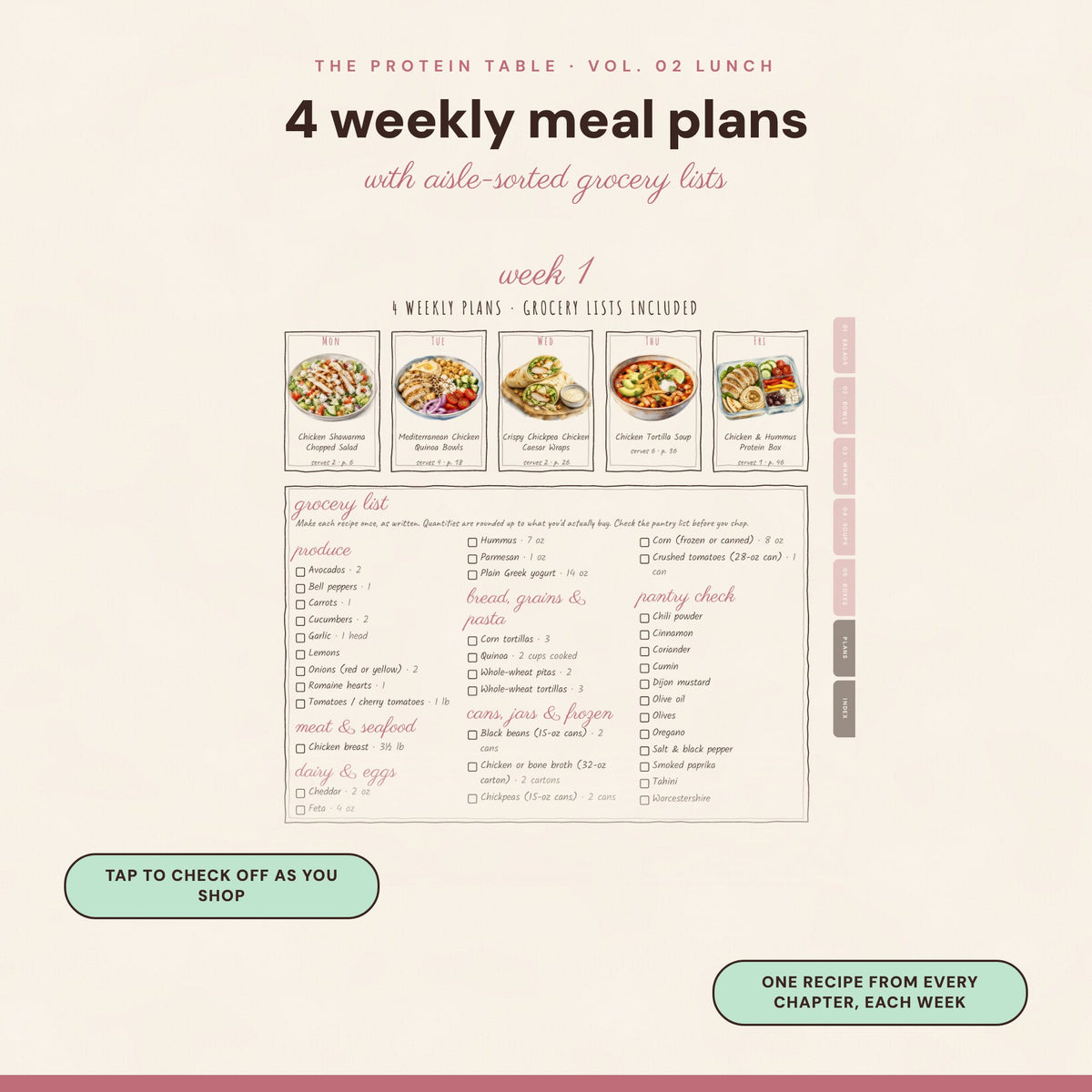 Weekly lunch meal plan with tappable grocery list