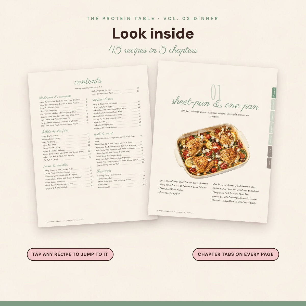 Look inside The Protein Table Vol. 03 Dinner: contents and chapter pages