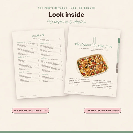 Look inside The Protein Table Vol. 03 Dinner: contents and chapter pages