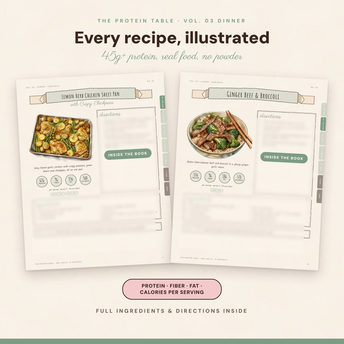 Sample dinner recipe pages from Vol. 03