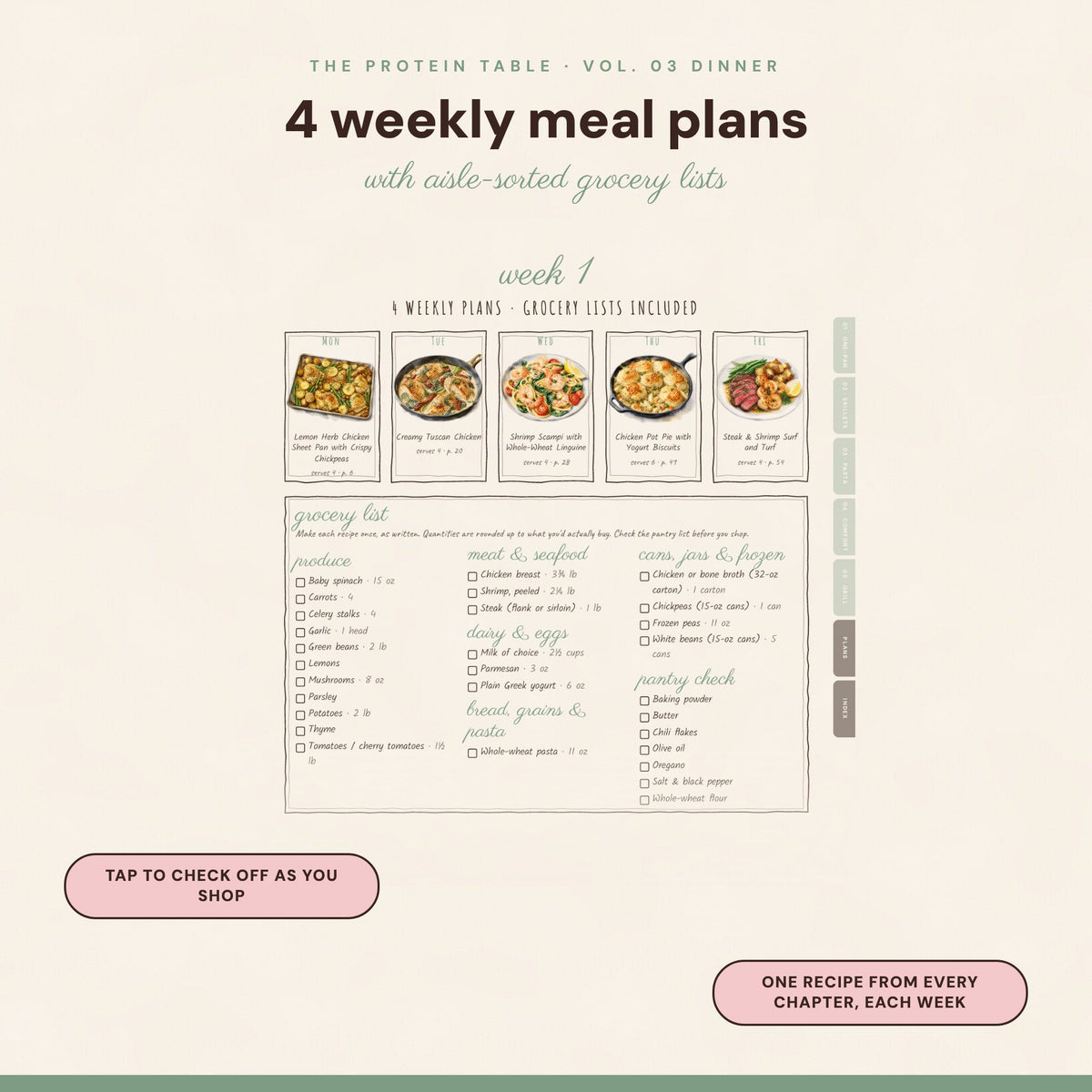 Weekly dinner meal plan with tappable grocery list